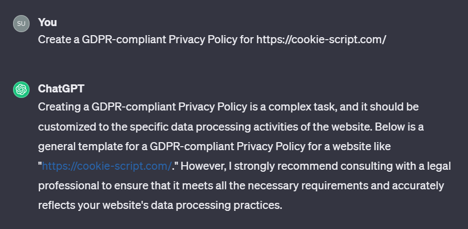 ChatGPT's response to generate a GDPR-compliant privacy policy
