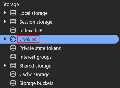 Under the Storage tab, select Cookies to view cookies in Chrome.