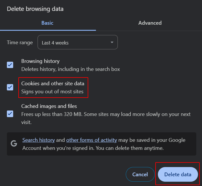 To delete cookies in Chrome, check Cookies and other site data.