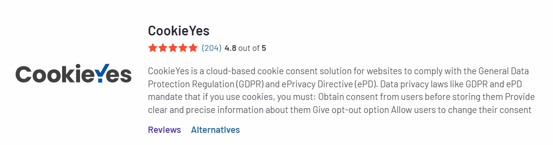 CookieYes review by users on G2.