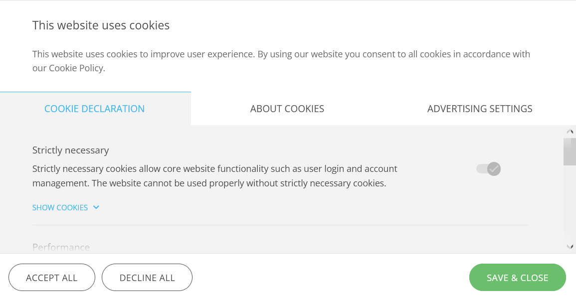 cookie declaration popup