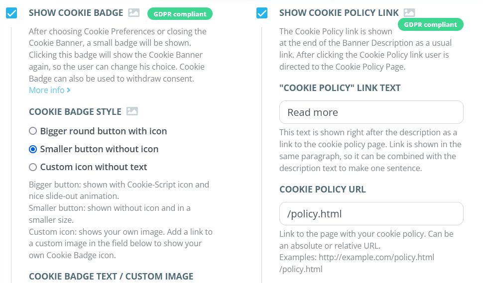 Cookie banner control panel