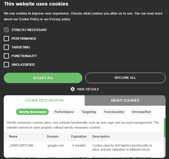 cookie declaration opt
