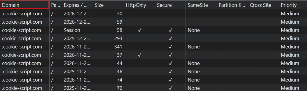 To identify first-party vs third-party cookies, open DevTools and look at the Domain column.