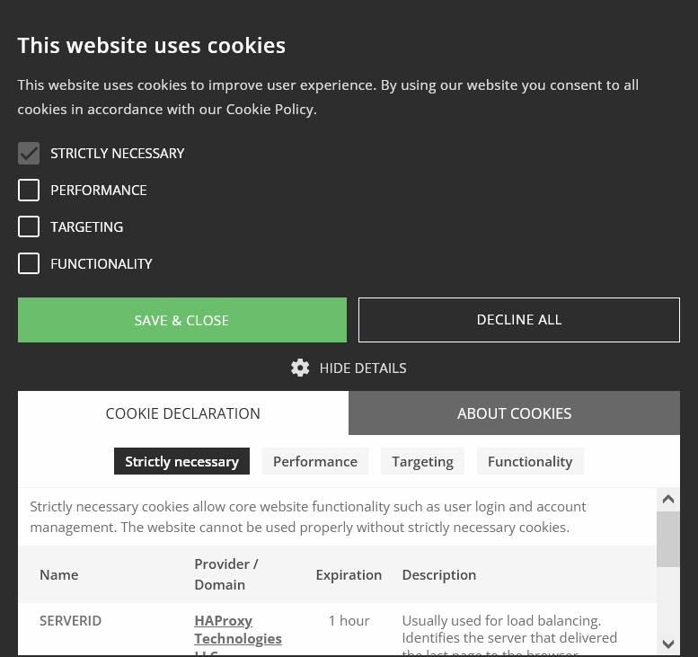 An example of a detailed CookieScript cookie banner