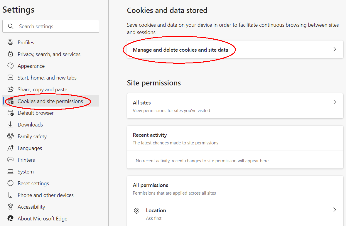 Click Cookies and site permissions and then Manage and delete cookies and site data.