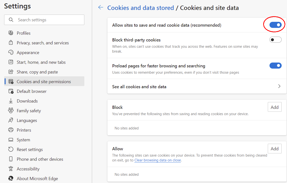 Allow sites to save and read cookie data.
