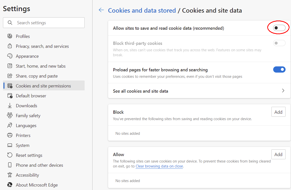Do not allow sites to save and read cookie data.