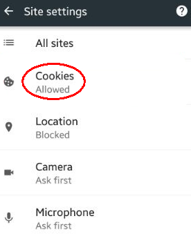 Under Site settings tab, tap Cookies.