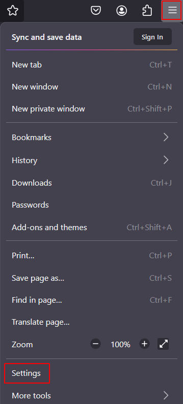 To disable cookies in Firefox, click the Menu button, and then click Settings.