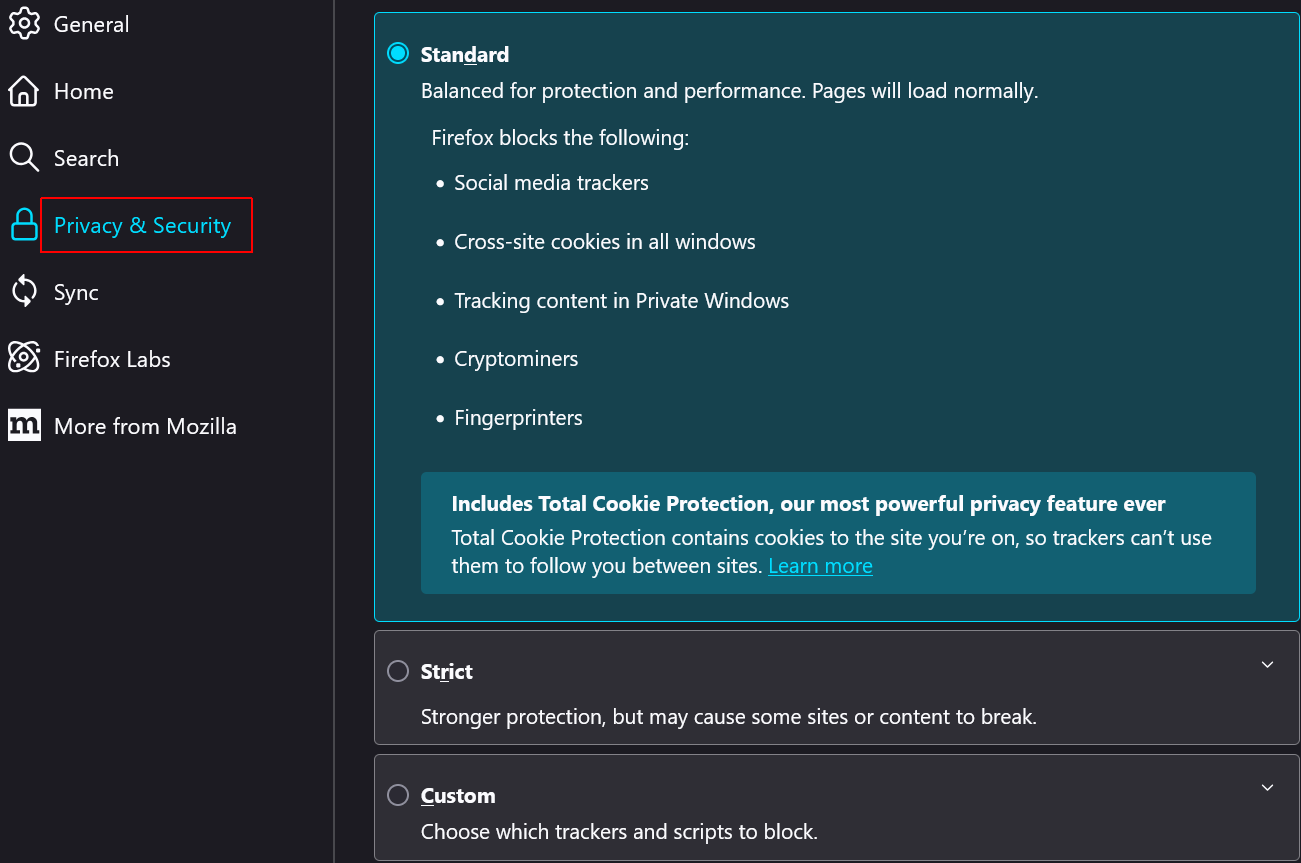 To disable cookies in Firefox, click Privacy and Security