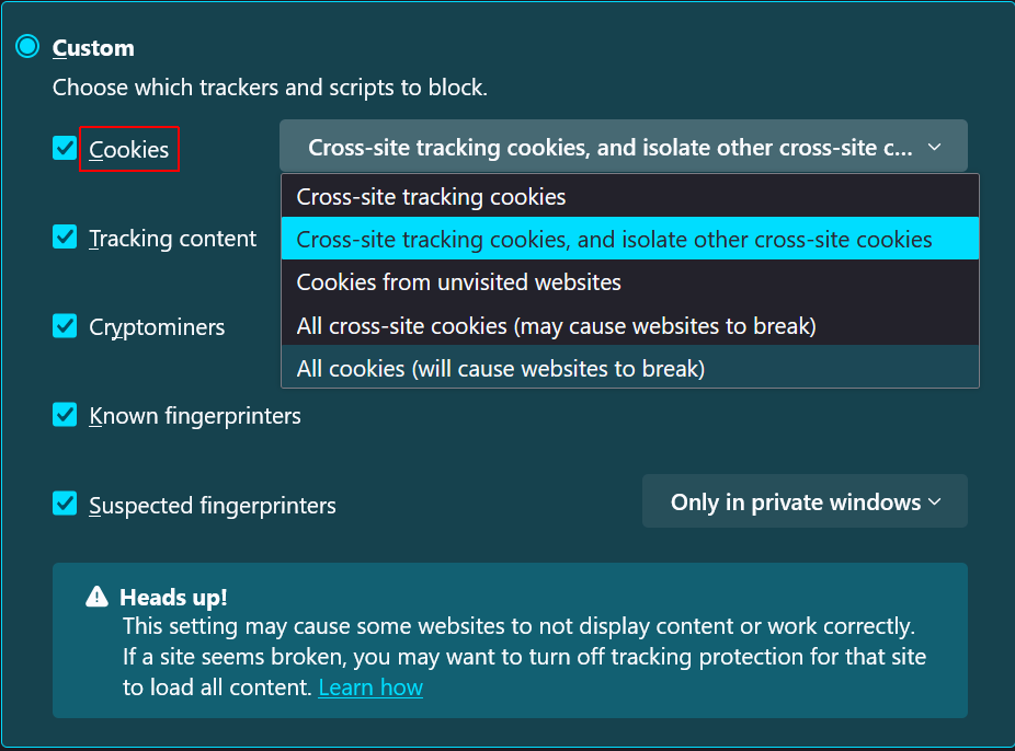 Select the custom option to block cookies.