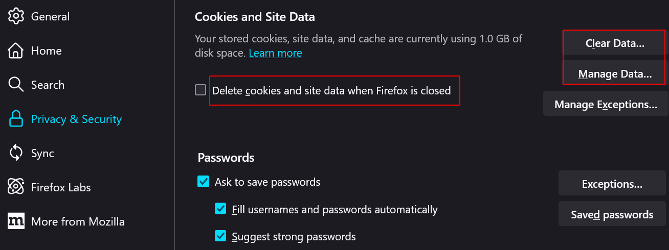 In Firefox, you can also manage or delete cookies and other site data.