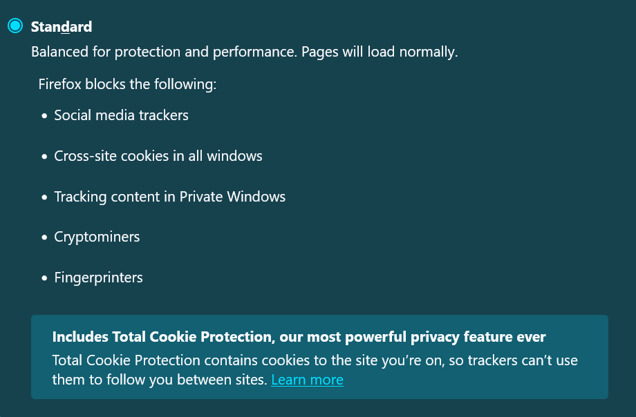 To enable cookies in Firefox, select the standard option.