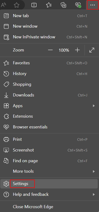 To enable cookies in Edge, select Menu > Settings