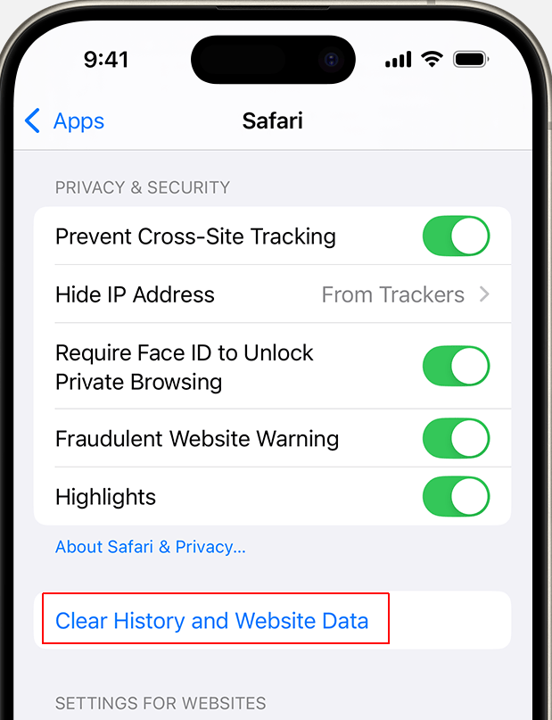 To clear history and cookies in Safari, tap Clear History and Website Data.