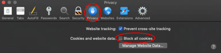Under the Block cookies tab, uncheck it.